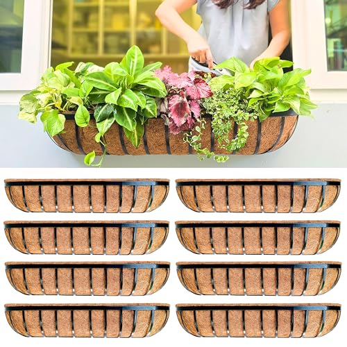 LaLaGreen Deck Railing Planter Boxes - 8 Pack, 36 Inch Long Window Flower Box Attach to House, Wall Planters for Outdoor Plants with Coco Liners English Horse Trough Fence Balcony Garden Porch Rail - size: 36" x 8