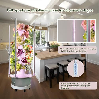Hydroponic Garden Tower with LED Lights, 32 Pods, Auto Watering System