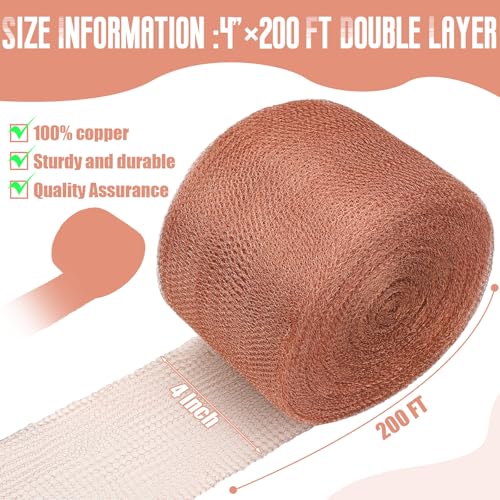 Therwen 4" X 200 ft Copper Mesh Rodent Control Roll, 100% Pure Copper Wool - size: 4" X 200 ft