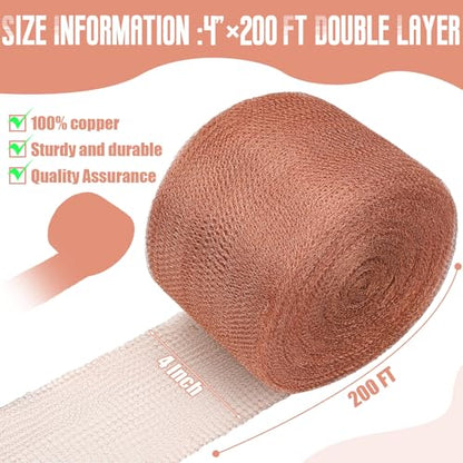 Therwen 4" X 200 ft Copper Mesh Rodent Control Roll, 100% Pure Copper Wool - size: 4" X 200 ft