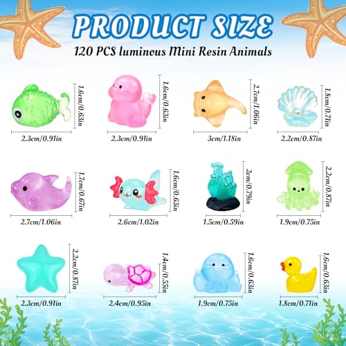 120 Pcs Luminous Mini Ocean Resin Animals Tiny Sea Figures Glow in the Dark