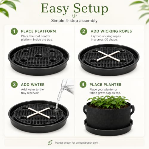 Self Watering Plant Saucers 4 Pack, 13.6 Inch Plastic Plant Saucers with Raised Grid Platforms and 8 Wicking Ropes, for Plant Pots, Fabric Grow Bags, Indoor and Patio Planters, Black