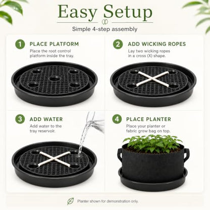 Self Watering Plant Saucers 4 Pack, 13.6 Inch Plastic Plant Saucers with Raised Grid Platforms and 8 Wicking Ropes, for Plant Pots, Fabric Grow Bags, Indoor and Patio Planters, Black