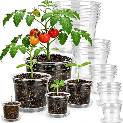 30 Pack 7/6/5/4/3 Inch Clear Nursery Pots with Drainage and Saucer, Plastic Pots for Planter, Clear Potting Pots for Succulents, Flower, Small Herbs, Indoor Outdoor Gardening - size: 3+4+5+6+7 inch