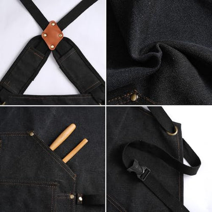 Tosewever Work Aprons for Men with Large Pockets, Canvas Cross Back Heavy Duty Adjustable Tool Aprons for Chef Cooking BBQ - color: Black