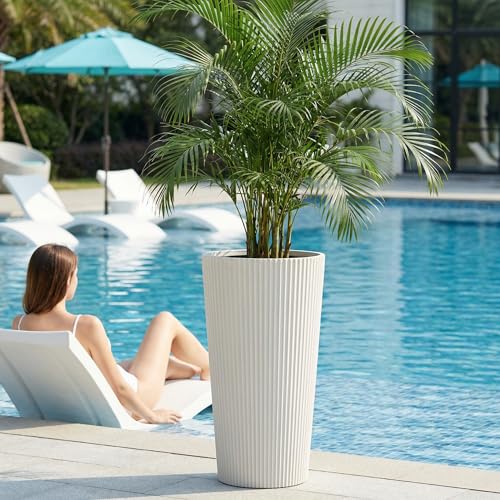 24" Tall Round Planters for Outdoor Plants Fluted Finishes - White - color: White