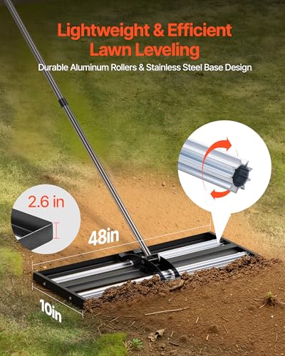 VEVOR Updated Lawn Leveling Rake with Roller, 48'' x 10" Stainless Steel Lawn Leveler with 83.9'' Adjustable Handle, Heavy Duty Yard Leveling Rake, Effort Saving Lawn Leveling Tool for Yard Golf Court - size: 48x10x84in (with Roller)