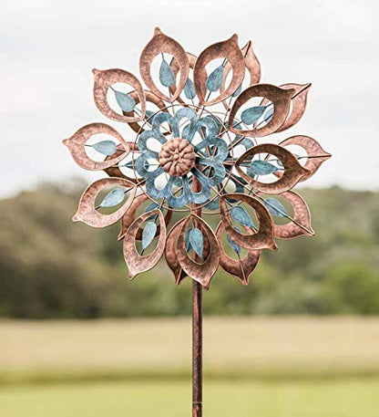 Mesmerizing Copper Lily Wind Spinner Dual-Tone | Petal-in-Petal Design | Independent Rotors | Brushed Copper & Antique Blue |All Seasons | 24" Wx75 H