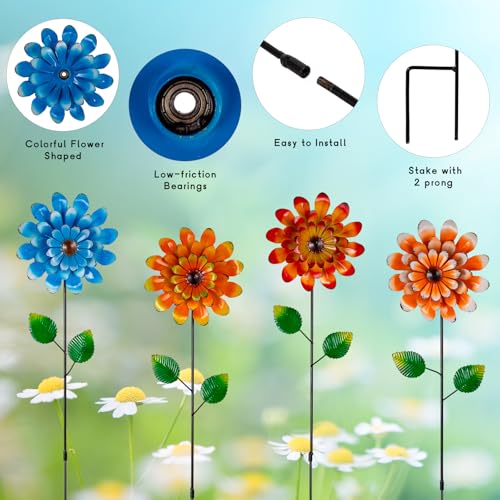 4 Pcs Wind Spinners Outdoor, Small Metal Flower Windmill - size: 4 Pack-26x5