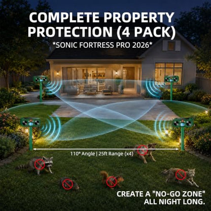 Solar Animal Repeller Outdoor, 4 Pack Ultrasonic Deterrent for Deer