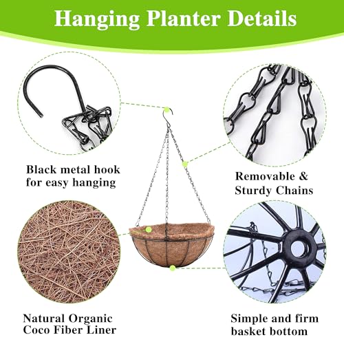EIMQUVW Metal Hanging Planters Basket Set of 4 Hanging Flower Pots 10 Inch Chain Round Wire Plant Holder with Coco Coir Liner Garden Watering Hanging Baskets for Patio Garden Outdoor1