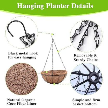 EIMQUVW Metal Hanging Planters Basket Set of 4 Hanging Flower Pots 10 Inch Chain Round Wire Plant Holder with Coco Coir Liner Garden Watering Hanging Baskets for Patio Garden Outdoor1