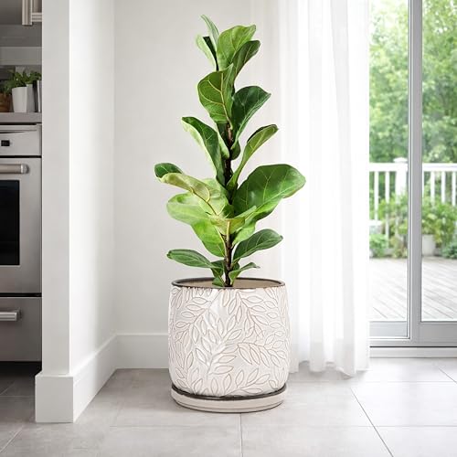 D'vine Dev Embossed Leaves Ceramic Planter, 8 in, Smoked White, 27-A-Q-1 - color: Smoked White, size: 8 Inch