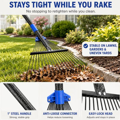 Adjustable Leaf Rake, 8-17" Collapsible Metal Head, 6FT Long Handle - size: 75 Inch