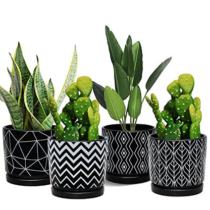 Flower Pots,5.5 Inch Black Ceramic Planters with Drainage Hole Set of 4 - color: Black