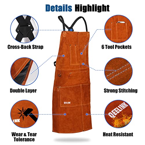 QeeLink Leather Welding Apron 6 Pockets Heat Flame Resistant for Blacksmith - color: Brown, size: 24"x 36"