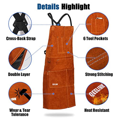 QeeLink Leather Welding Apron 6 Pockets Heat Flame Resistant for Blacksmith - color: Brown, size: 24"x 36"