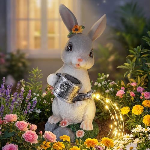 Solar Rabbit Garden Statues Outdoor Decor, Resin Rabbit Figurine Decorations with Solar Watering Can Light, Whimsical Bunny Sculpture for Garden Patio, Balcony, Yard, Lawn Ornament - color: Yellow