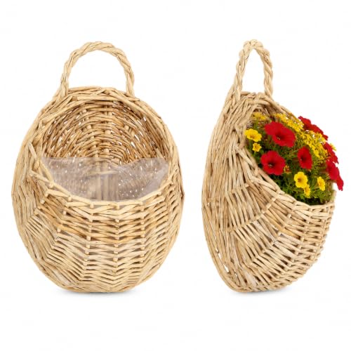 DOITOOL Willow Wall Basket, 2PCS Flat Back Woven Hanging Planter, Semi Circular Baskets, Boho Flower Holder, Wall Hanging Willow Storage for Indoor Outdoor Plant Flower Fruit Kitchen Storage - color: Wood Color