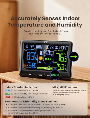 LIORQUE Weather Stations Indoor Outdoor Thermometer Wireless, Black