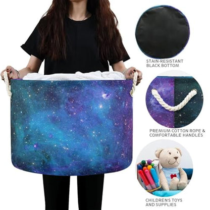 Blue Galaxy Print Round Storage Basket Collapsible with Handle - color: Blue