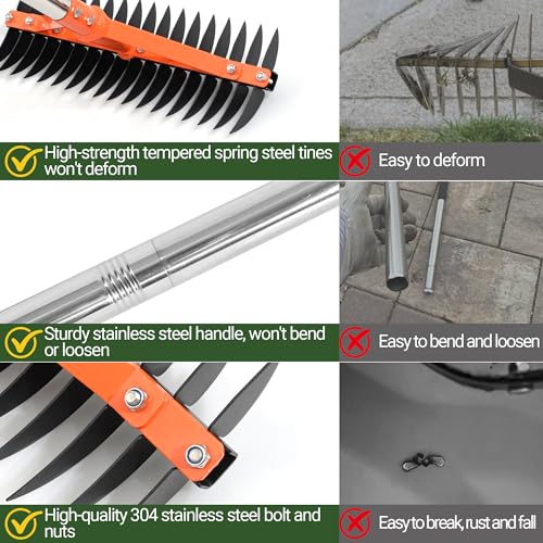 62.5 Inch Thatch Rake for Lawns 18 Sharp Tempered Spring Steel Tines - style: Thatch Rake