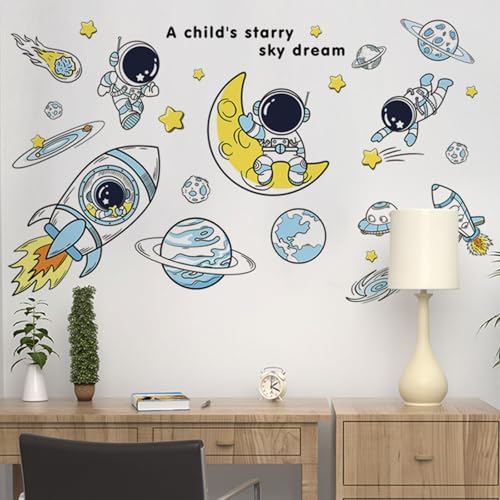 Arawat Space Decor Astronaut Wall Stickers - Space Theme Bedroom Classroom Playroom Murals & Decals - Wall Decals for Boys Girls Room - Outer Space Wallpaper With Planets - color: Space Decor for Boys Room