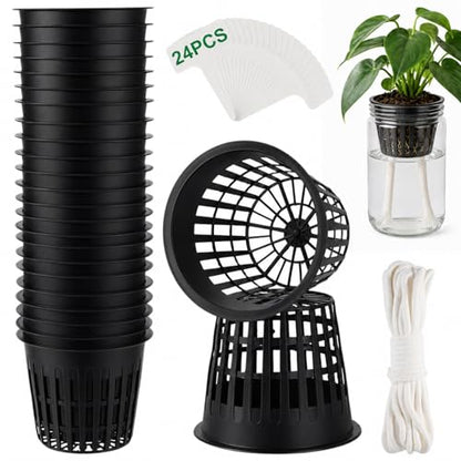 Net Cups Hydroponics 24 Pack, 3 Inch Mesh Pots with Wick Cord - color: Blacks