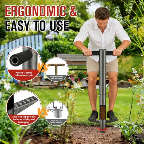 Bulb Planter Tool, 33.5" Long Handle Sod Plugger for Standing Planting, 2"/4"/6" Adjustable Depth Garden Hole Digger, Heavy Duty Auto Eject Lawn Plugger for Flower Bulbs,Grass Plugs,Seedlings