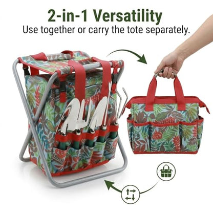 7-piece Garden Tool Set with Tote and Folding Stool Seat