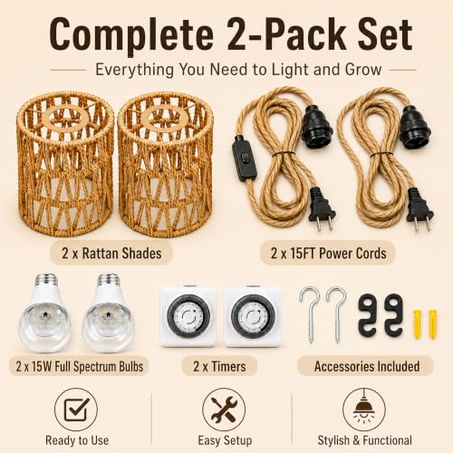 2 Pack Hanging Grow Lights for Indoor Plants Boho Rattan Plant Light