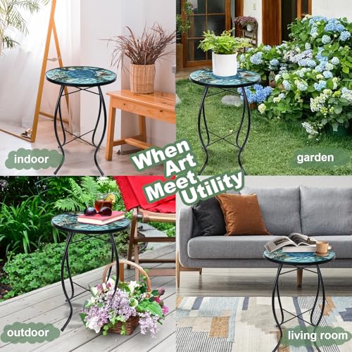 VCUTEKA Outdoor Side Table,14" Patio Accent Table Bistro Coffee End Table - color: Blue Transparent Turtle