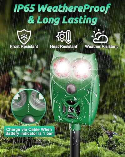 Solar Ultrasonic Animal Repellent with Motion Sensor - Waterproof Deer Repellent Device with LED Lights for Yard, Effective Against Deer, Coyotes, Raccoons & Cats