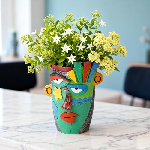 Abstract Face Planter Pot - 8inch Picasso Style Unique Plant Pots - color: Green
