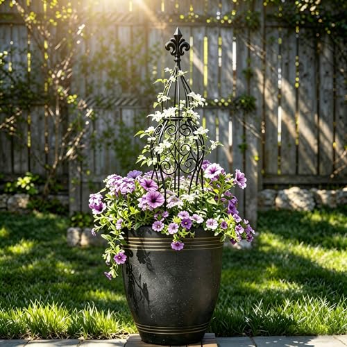 2-Pack Iron Garden Obelisk Trellis, 30" Rose Climbing Plant Support - color: Classic Fleur-de-Lis Obelisk Trellis