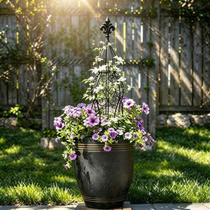 2-Pack Iron Garden Obelisk Trellis, 30" Rose Climbing Plant Support - color: Classic Fleur-de-Lis Obelisk Trellis