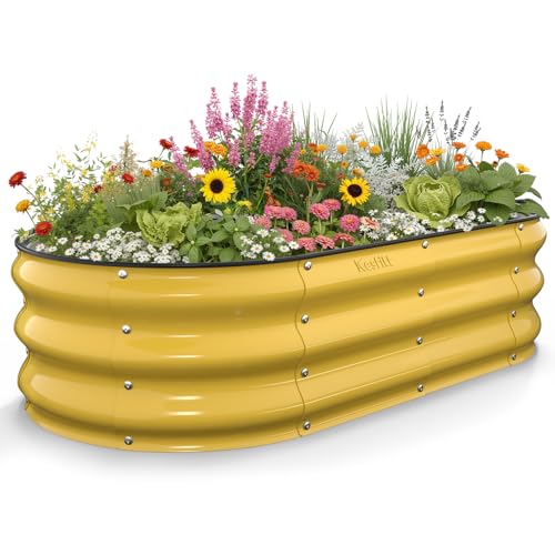 Kesfitt Raised Garden Bed, 4x2x1 FT Galvanized Steel Metal Raised Garden Bed, Oval Open-Bottom Design, 12-Inch Deep for Outdoor Vegetable & Herb Gardening, Creamy Yellow - color: Creamy Yellow, size: 4x2x1FT