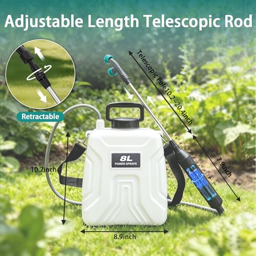 2 Gallon Battery Powered Sprayer, 2000mAh Electric Power White Continuous Battery Operated misting Retractable Long-Reach Metal Wand 5 Multi-Pattern Water attachments - color: White/2 Gallon