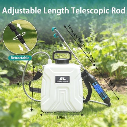 2 Gallon Battery Powered Sprayer, 2000mAh Electric Power White Continuous Battery Operated misting Retractable Long-Reach Metal Wand 5 Multi-Pattern Water attachments - color: White/2 Gallon