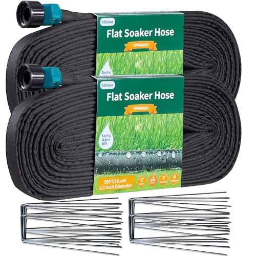 Hlinker 2026 Flat Soaker Hose 100 ft (50ft 2Packs) with Stake for Garden, Linkable Drip Hose Diy Automates Garden Irrigation System Saving 88% Water, Dual-layer Leak-free Design Water Hose with Holes - size: 100FT (50'X2)