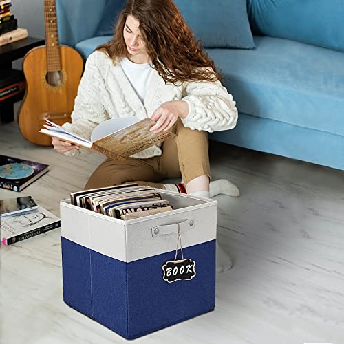 12x12 Collapsible Fabric Storage Cubes, Set of 4, White Blue, Linen Cardboard, 40 lbs Capacity, Kallax Compatible - color: white & blue-4pack, size: 12''x12''x12''