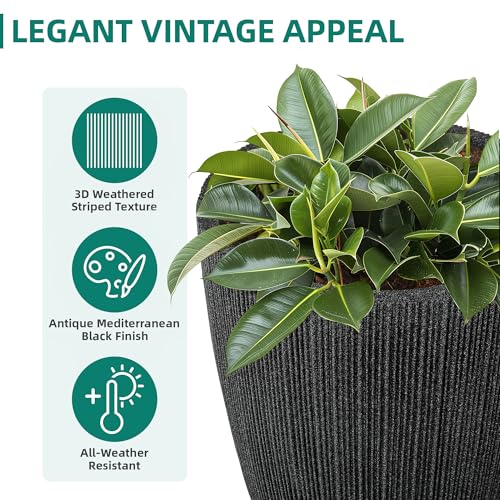 19" Black Concrete-Look Resin Tall Planters with Fluted Texture - color: 19"h-mediterranean Black