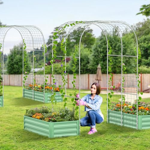 3 in 1 Galvanized Raised Garden Bed with 87" H Arch Trellis - color: Cyan Green, size: 47.3" Lx 24" Wx 12"H