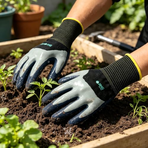 Gardening Gloves, Waterproof Thorn Proof, Flexible Latex Non-Slip, Women Men Rose Pruning Outdoor Work, 1 Pair (Blue-Gray, L)