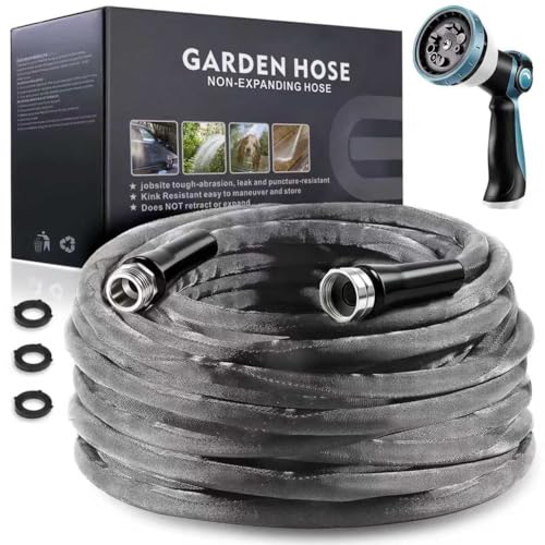 Non-Expandable Garden Hose 25feet, with 10 Function Hose Nozzle, Tough & Flexible, Lightweight, Crush Resistant Fittings, Kink & Tangle Free, Rust Proof - size: 25FT