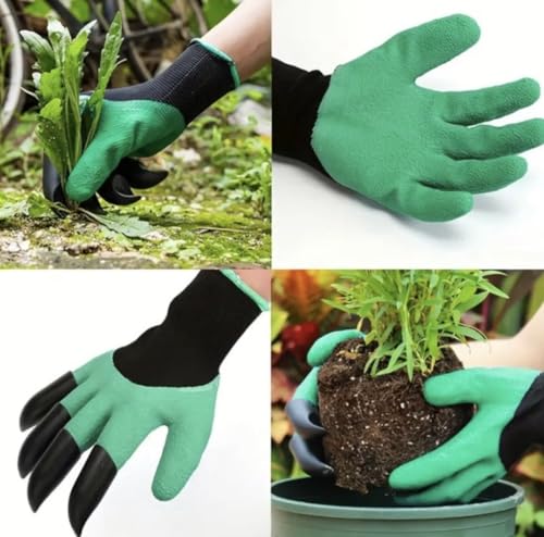 Garden Gloves with Claws for Digging – Heavy Duty Waterproof Gardening Gloves with ABS Plastic Fingertips – One Size Fits Most, Green & Black