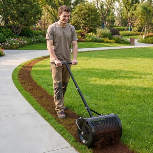 VEVOR Compost Spreader, 16.5" Wide Peat Moss Spreader with T Shaped Handle, 3 Heights Adjustable, Powder-Coated Steel Garden Peat Moss Roller, Heavy Duty Grass Seed Roller for Planting Seeding, Black - size: 16.5in