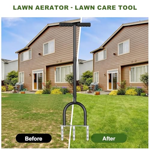 Manual Lawn Aerator Tool, Hollow Tines Plug Lawn Core Aerator, Heavy Duty Hand Soil Aeration Tool with Adjustable Handle, Grass Aeration Garden Tools for Lawn Care, Compacted Soil, Yard
