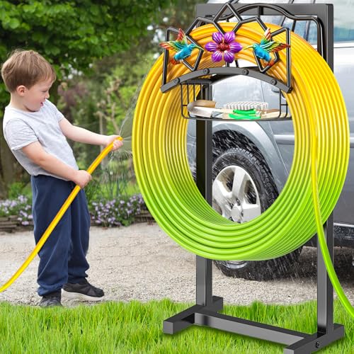 Garden Hose Holder, Heavy Duty Metal Water Hose Holder with Storage Basket, Freestanding Hose Stand Hanger, Sturdy Hoses Storage Rack 150-feet for Outside Yard Lawn - style: Hummingbird+Basket
