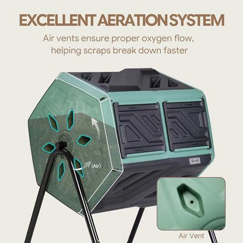 Werph 43 Gallon Outdoor Rotating Compost Bin, Dual Chamber, Green & Black - color: Green & Black